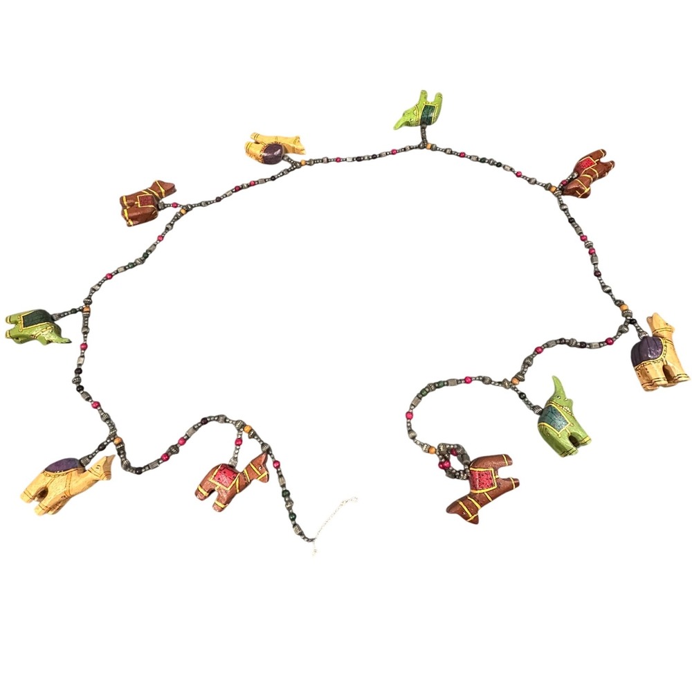 Vintage Hand Painted Wooden Elephant Camel Animal Bead Garland 68 Inch